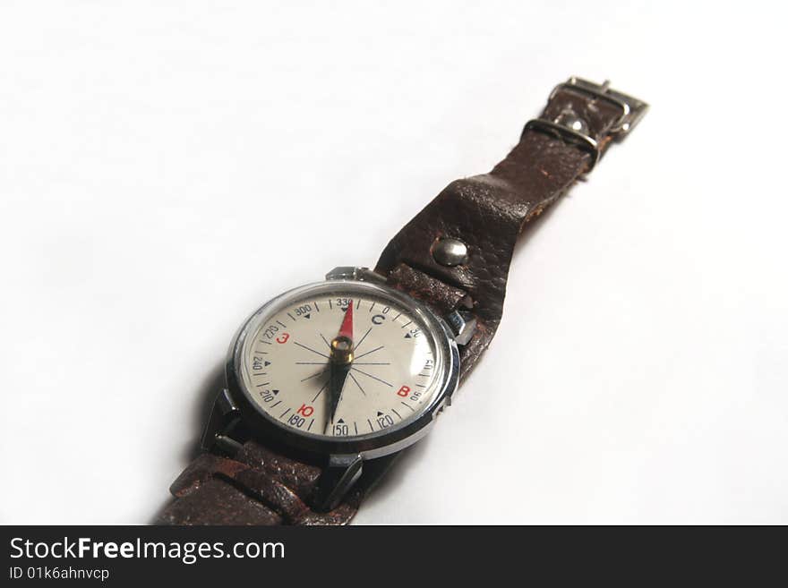 Old shabby wrist compass with russian letters. Old shabby wrist compass with russian letters