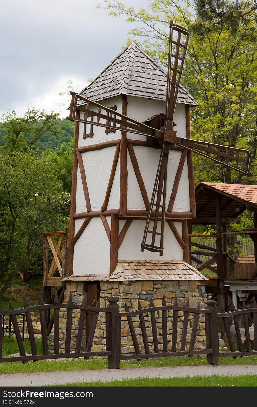 Wooden windmill in a rural museum