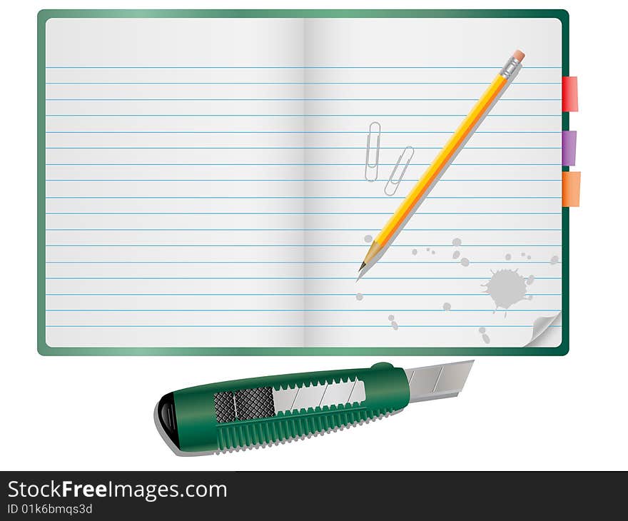 Vector notepad with pencil, paper clips and Knife.