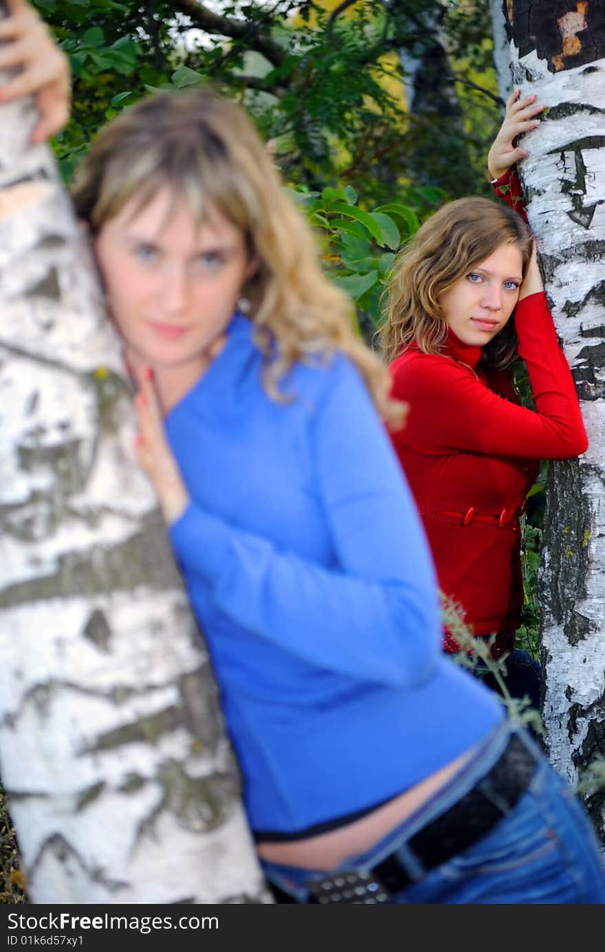 Two girls near birches looks at the cam