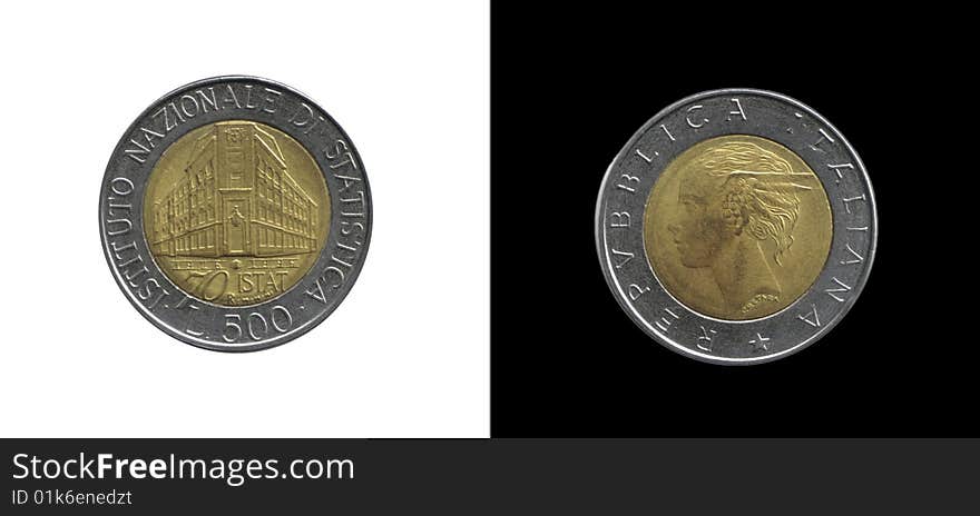 Italian 500 lire over black and white background. Italian 500 lire over black and white background