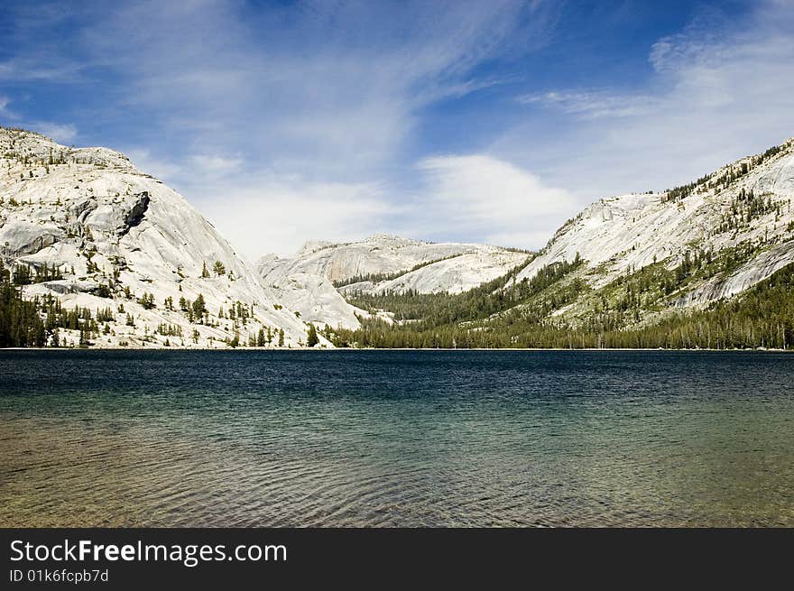 Panoramic view of Tioga Lake in the High Sierras of Californias Yosemite National Park