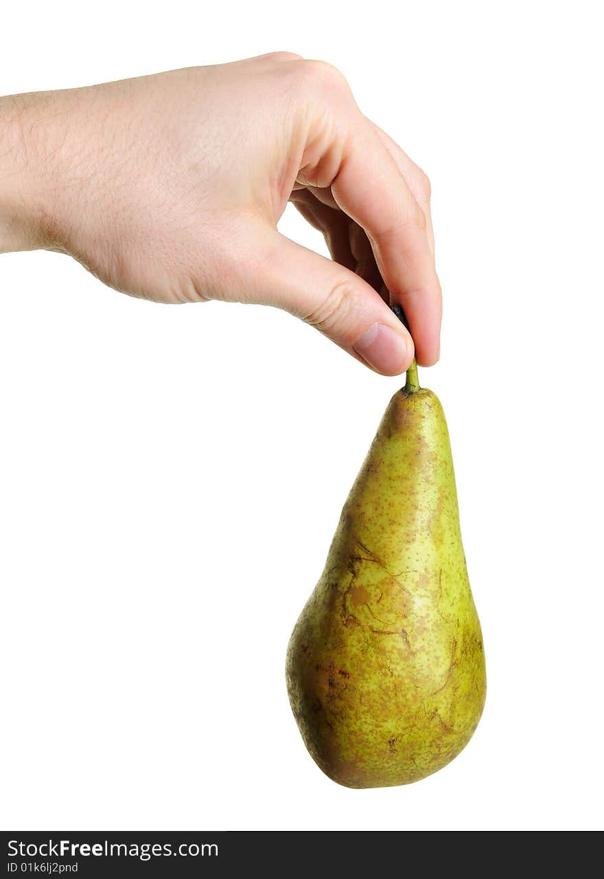 Pear hanging from hand isolated on white background