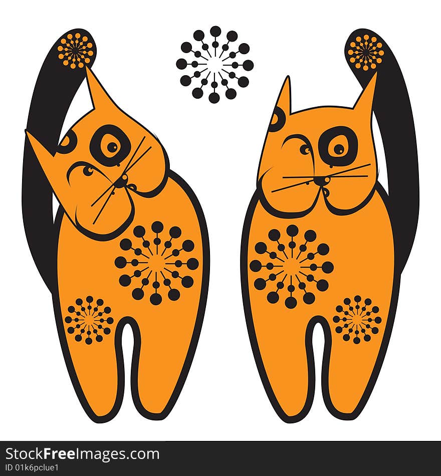 Stylized redhead cats with element of the ornament