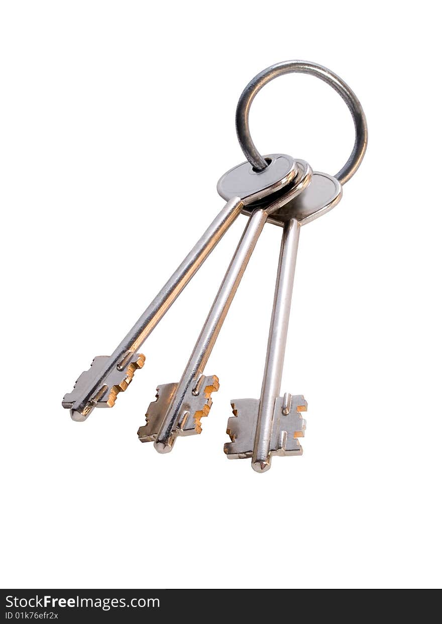 Still-life with bunch of three keys on the ring isolated on white. Still-life with bunch of three keys on the ring isolated on white