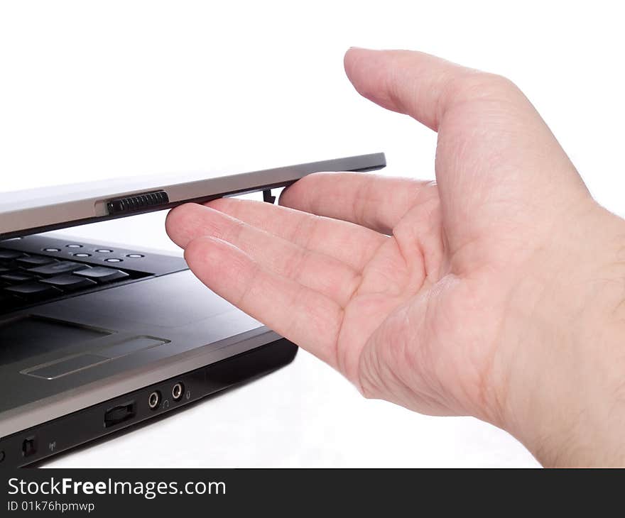 Arm preparing laptop for the work isolated on white. Arm preparing laptop for the work isolated on white