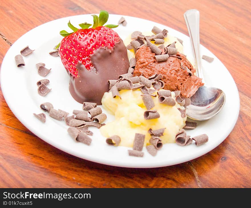 Delicious icecream  dessert on white plate