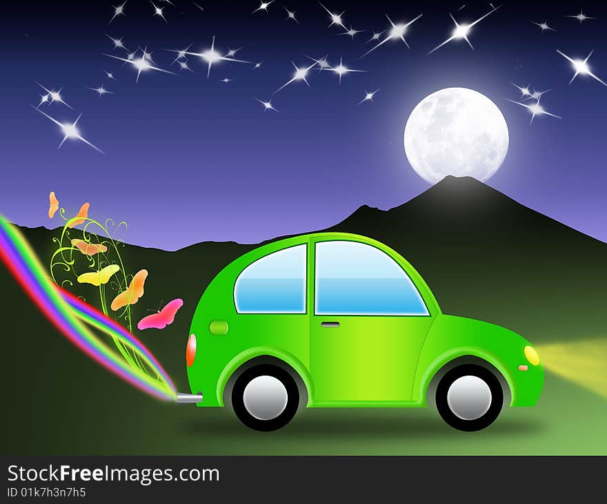 Non-polluting car that travels at night, leaving as exhaust nature rainbow. Non-polluting car that travels at night, leaving as exhaust nature rainbow