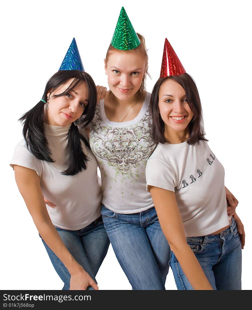 Funny girls in fool caps isolated over white with clipping path