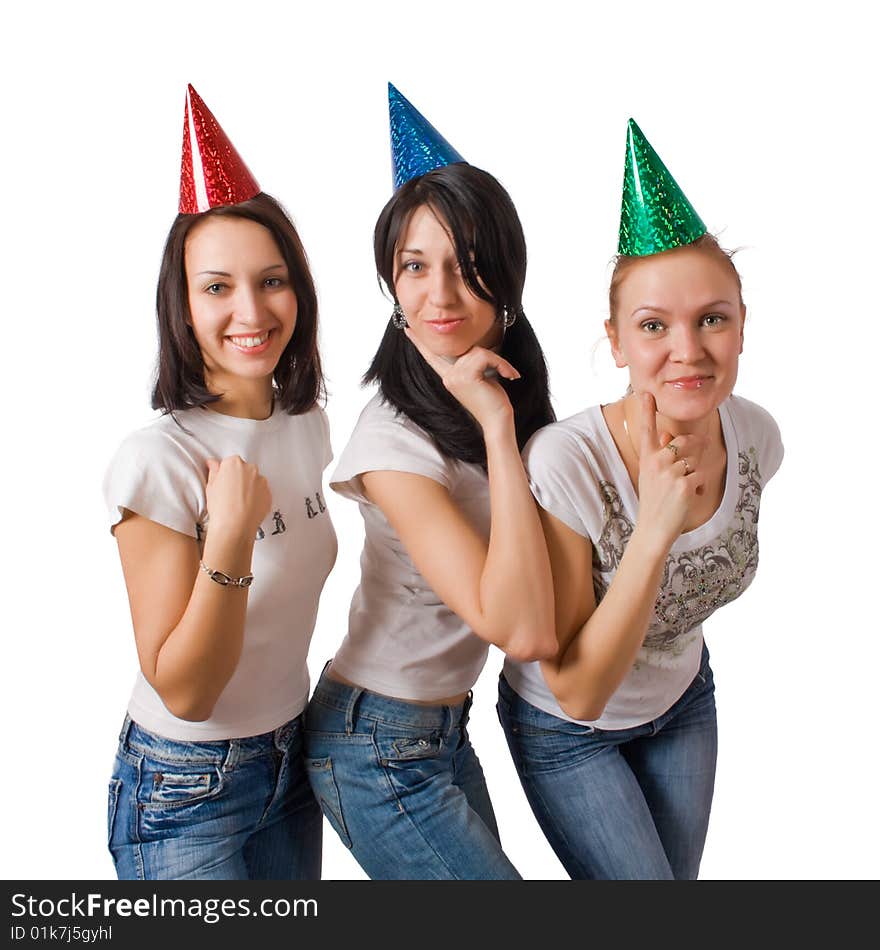 Funny girls in fool caps isolated over white with clipping path