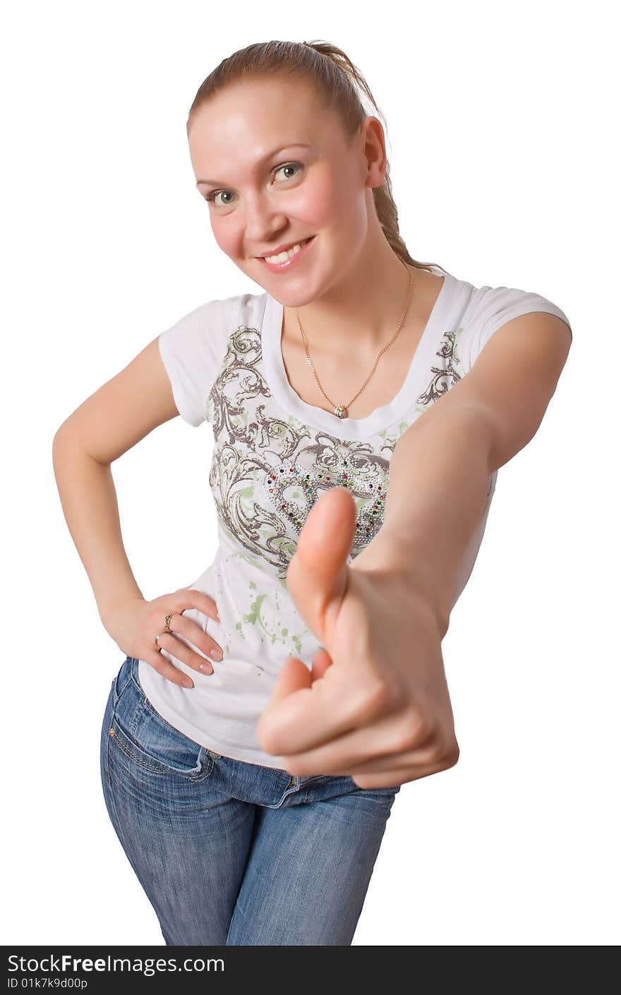 Blonde female show thumb up sign