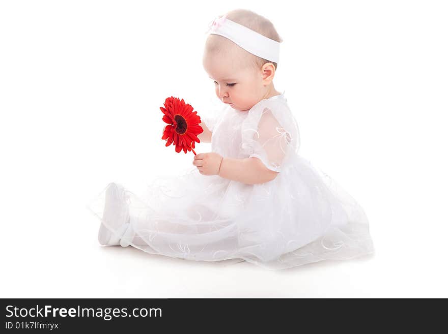 Little pretty girl holding red flower. Little pretty girl holding red flower