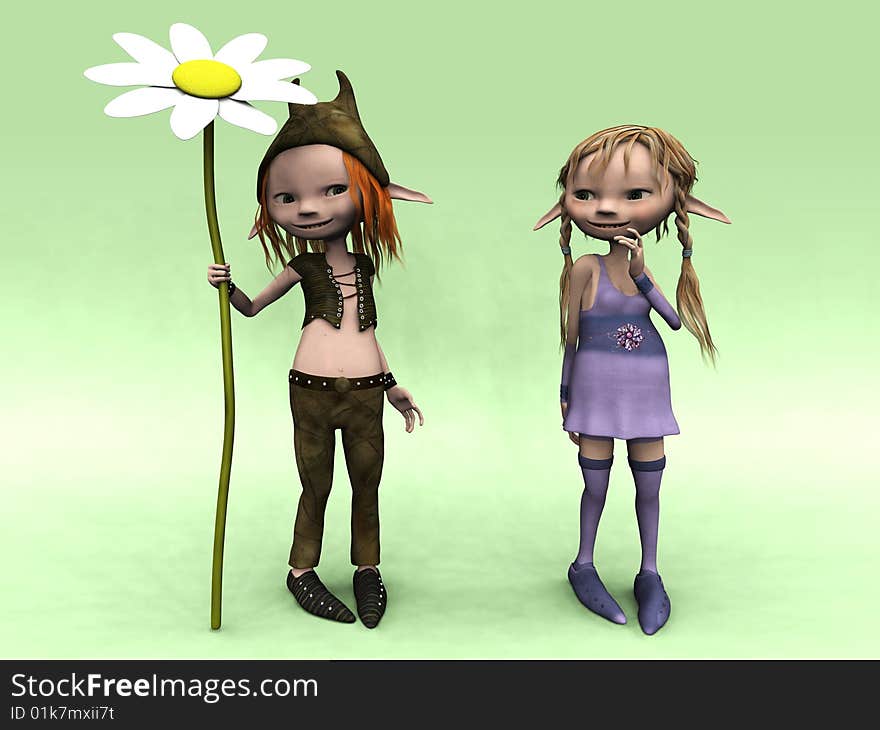 A cute cartoon elf boy and girl. The boy is holding a big flower. A cute cartoon elf boy and girl. The boy is holding a big flower.