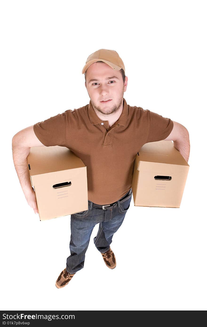 Delivery man with a package on white background