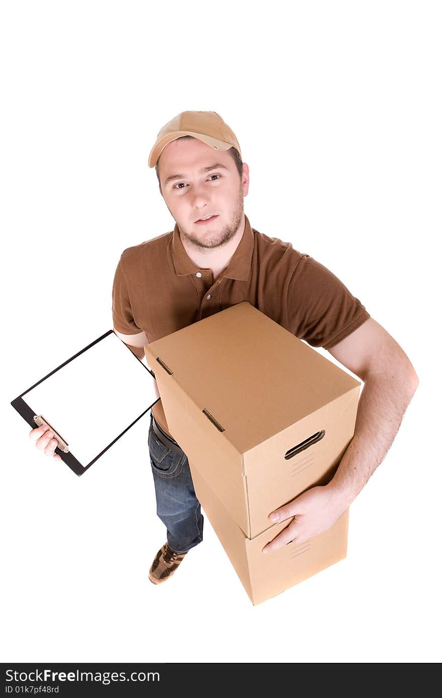 Delivery man with a package on white background