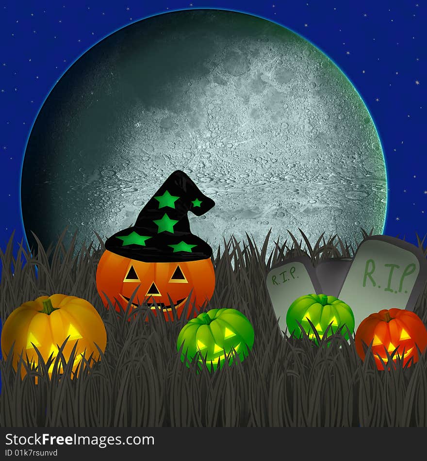 Sky with stars and Moon with pumpkins and grave stones. Sky with stars and Moon with pumpkins and grave stones