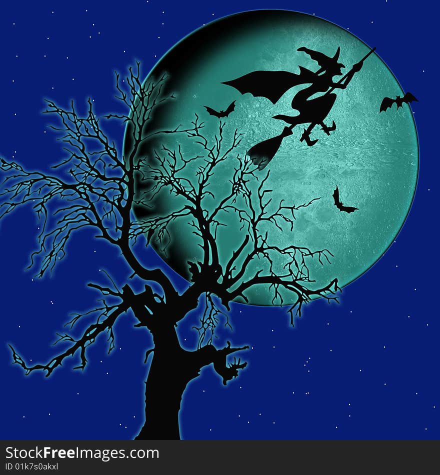 Sky with stars and Moon with witch and tree. Sky with stars and Moon with witch and tree