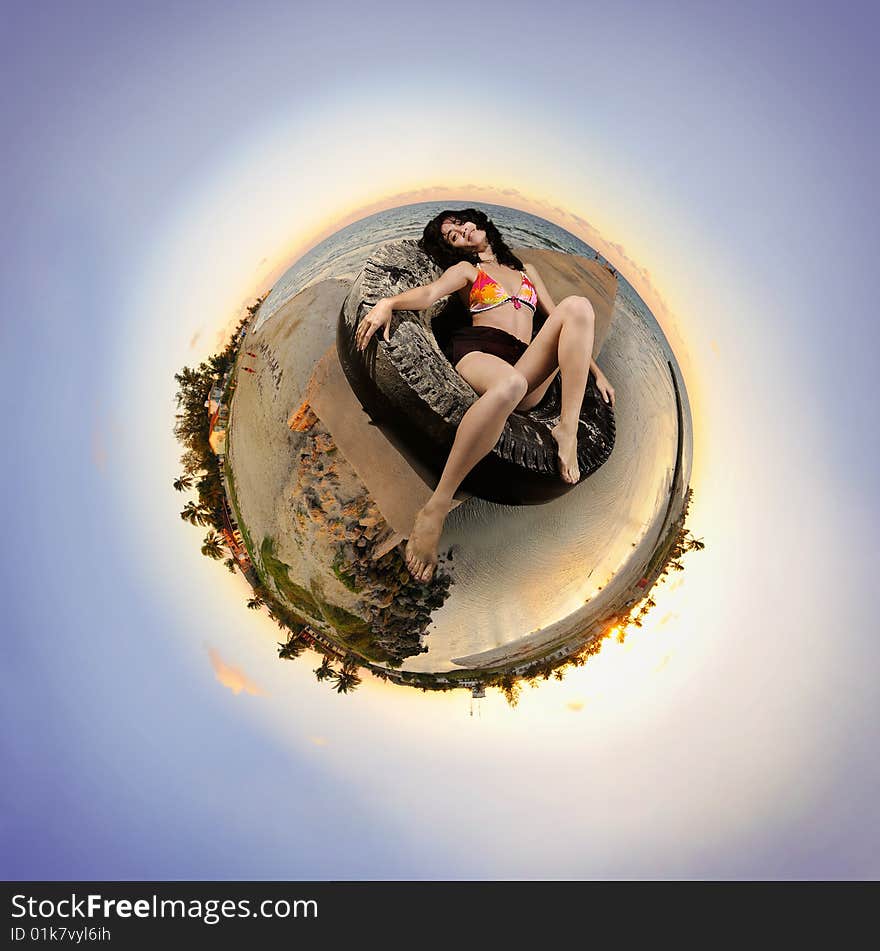 Portrait of young woman relaxing on tropical beach background. Portrait of young woman relaxing on tropical beach background