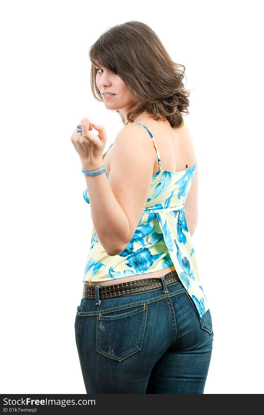 Young stout woman isolated over white in studio. Young stout woman isolated over white in studio