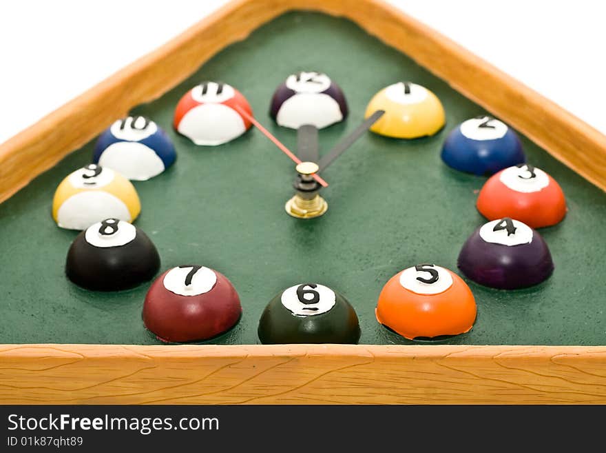 Clock as balls for billiards on a white background. Clock as balls for billiards on a white background