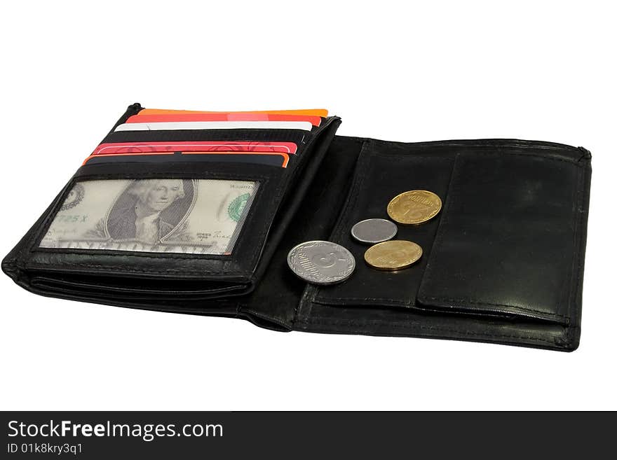 Black purse with four coins on it