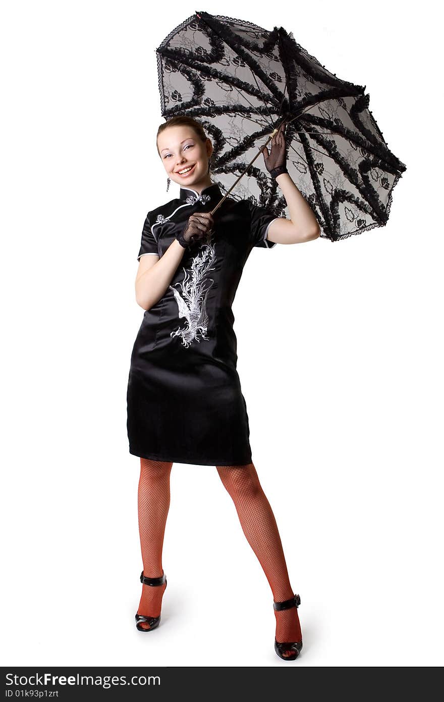 Girl in Chinese dress with an umbrella on a white background. Girl in Chinese dress with an umbrella on a white background