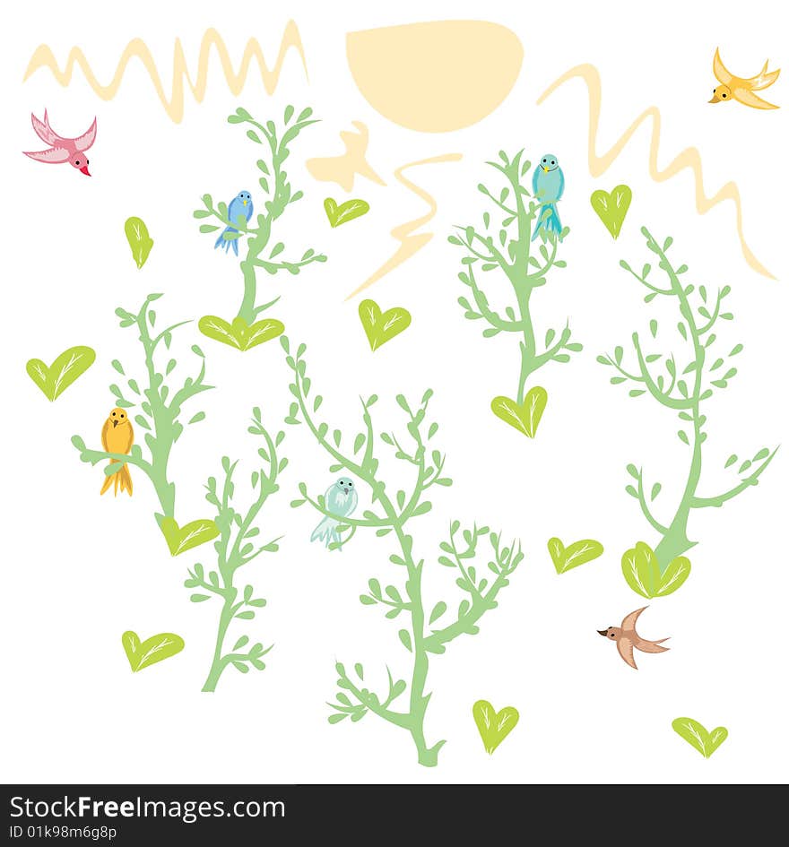 Vector illustration of summer forest with birds