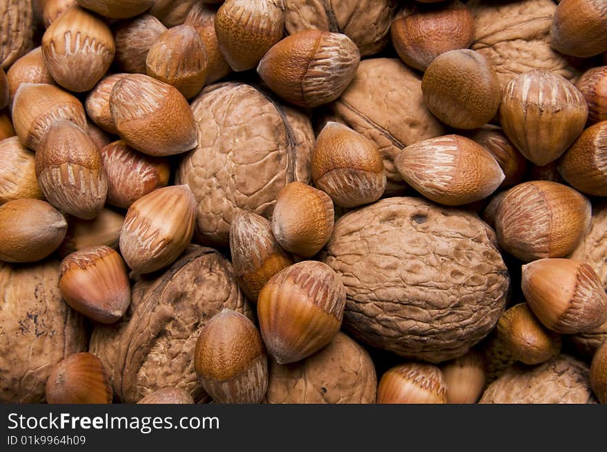 Background from walnuts and filberts closeup