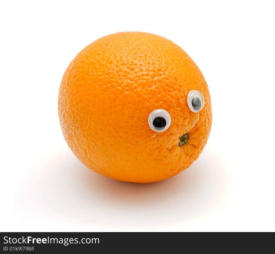 Funny orange with eyes on white