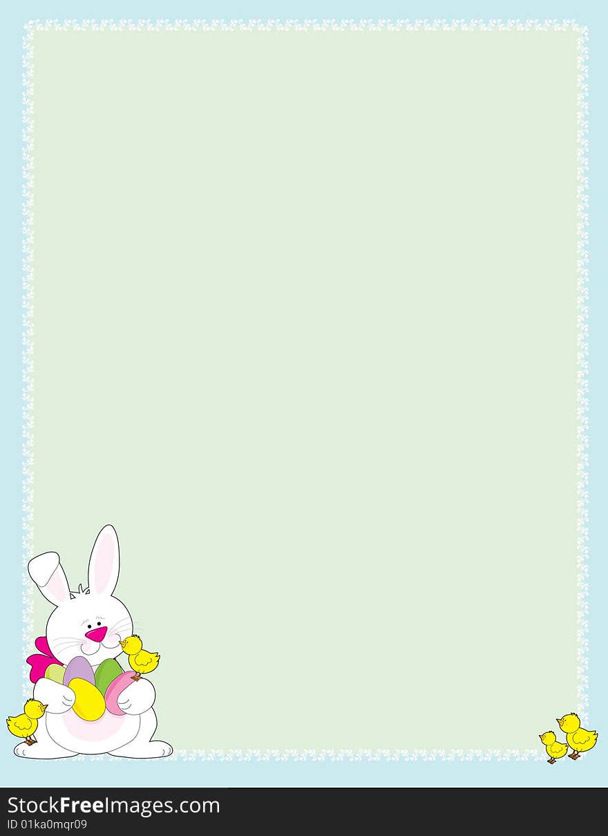 An Easter bunny holding colored eggs with little chick on his feet in the corner of an Easter frame. An Easter bunny holding colored eggs with little chick on his feet in the corner of an Easter frame