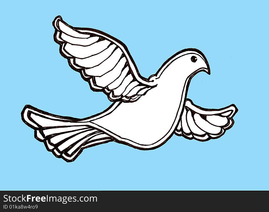 Ink illustration of a dove in flight. Drawn with bold lines to give a strong impression.  Symbolizes strength, purity, peace, freedom, holy spirit, confirmation, love and innocence. Ink illustration of a dove in flight. Drawn with bold lines to give a strong impression.  Symbolizes strength, purity, peace, freedom, holy spirit, confirmation, love and innocence.