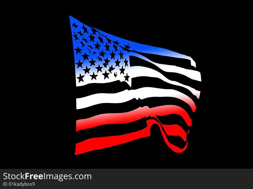 USA flag silhouette waving in the wind isolated on black. USA flag silhouette waving in the wind isolated on black