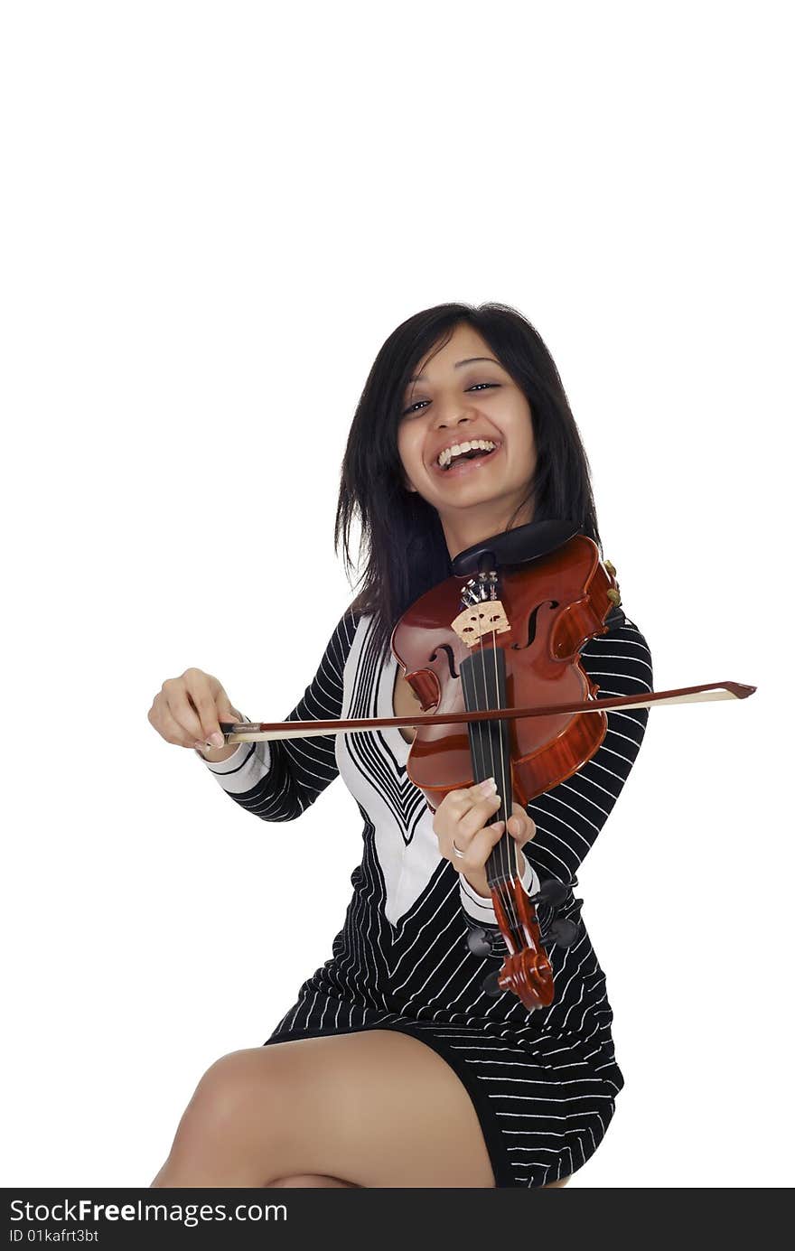 Young Indian woman with violin isolated over white. Young Indian woman with violin isolated over white