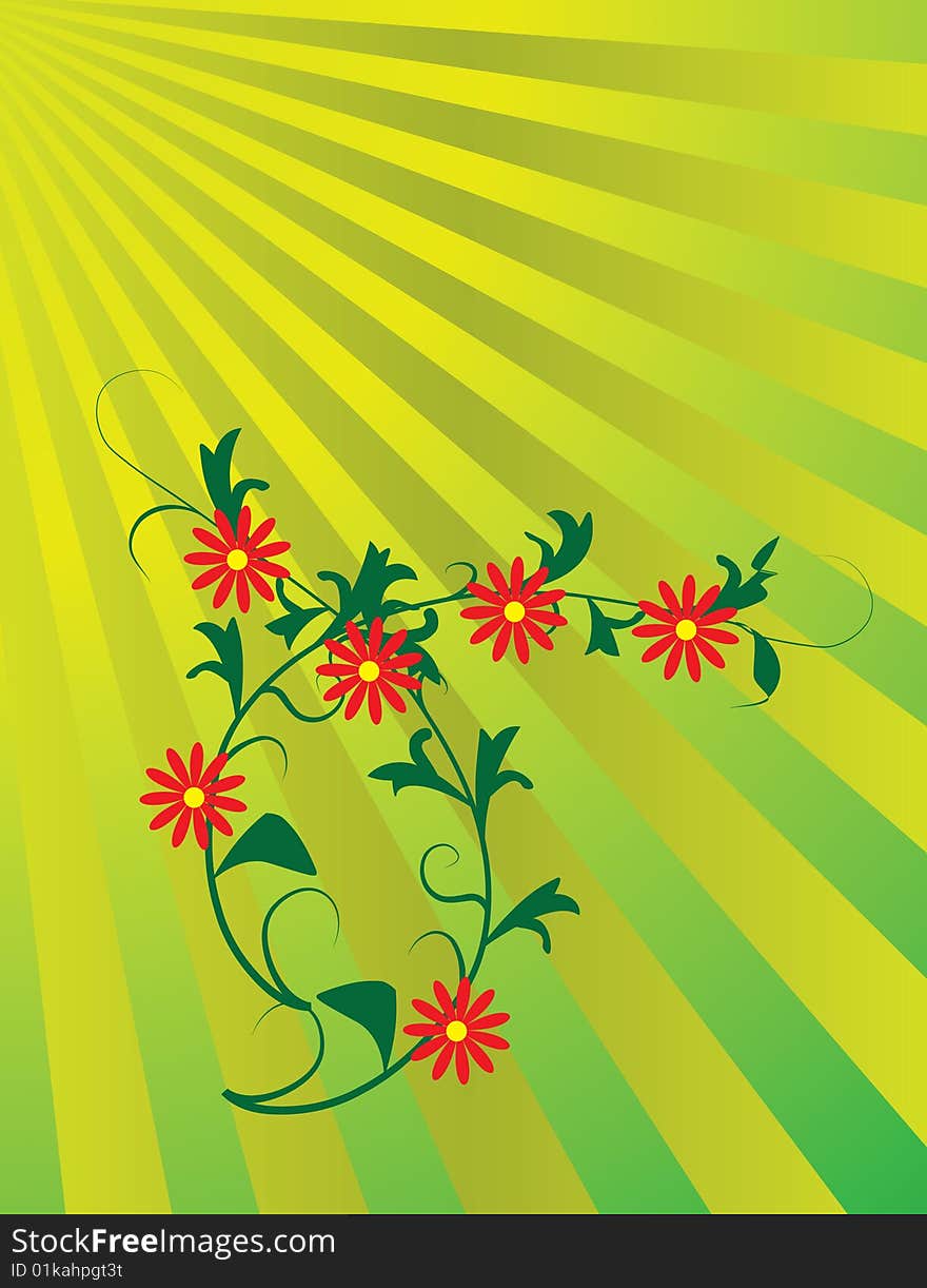 The red flowers in the sun rays. Vector illustration