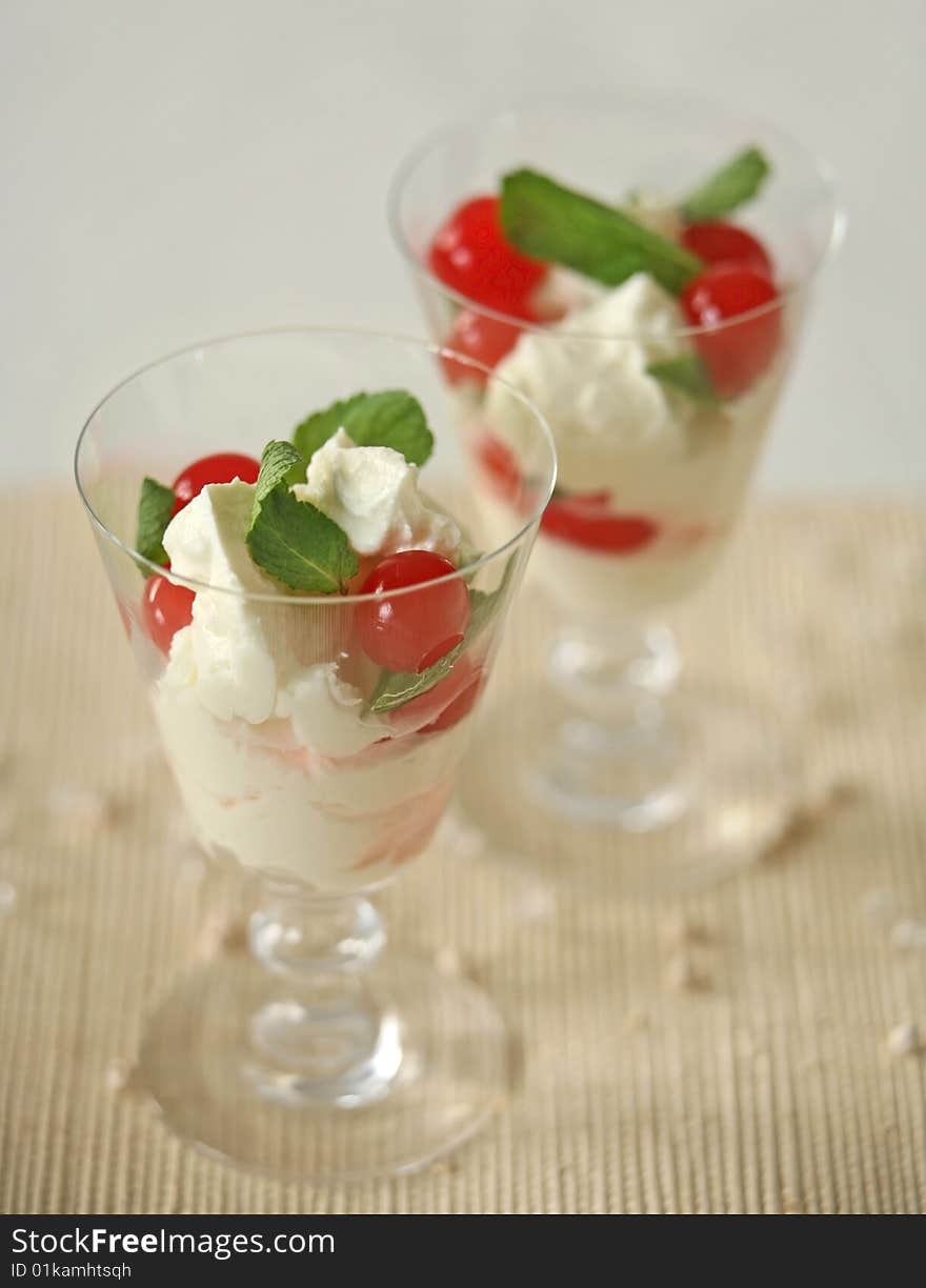 Dessert with mint and cherry