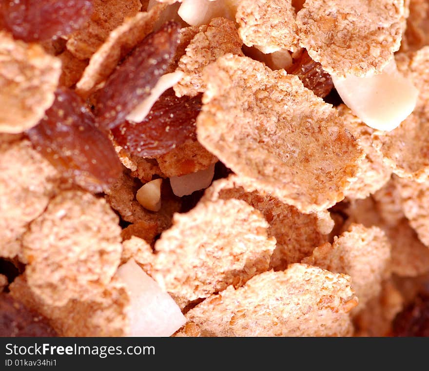 Macro close up of cereals and dried fruit