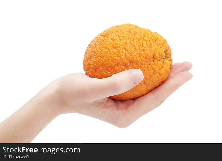 Orange in hand on white background.Close-up