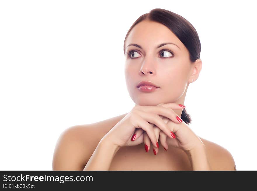 Girl looking at blank space - Close up portrait of a beautiful female model. Looking to the side into copyspace