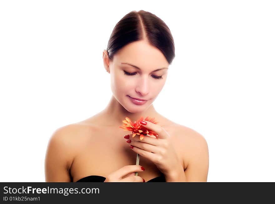 Portrait of Fresh and Beautiful woman with one's eyes with flower isolated on white. Portrait of Fresh and Beautiful woman with one's eyes with flower isolated on white