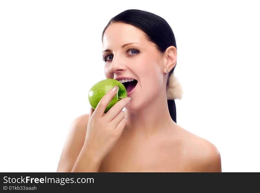 Young woman eating apple and smile over white background