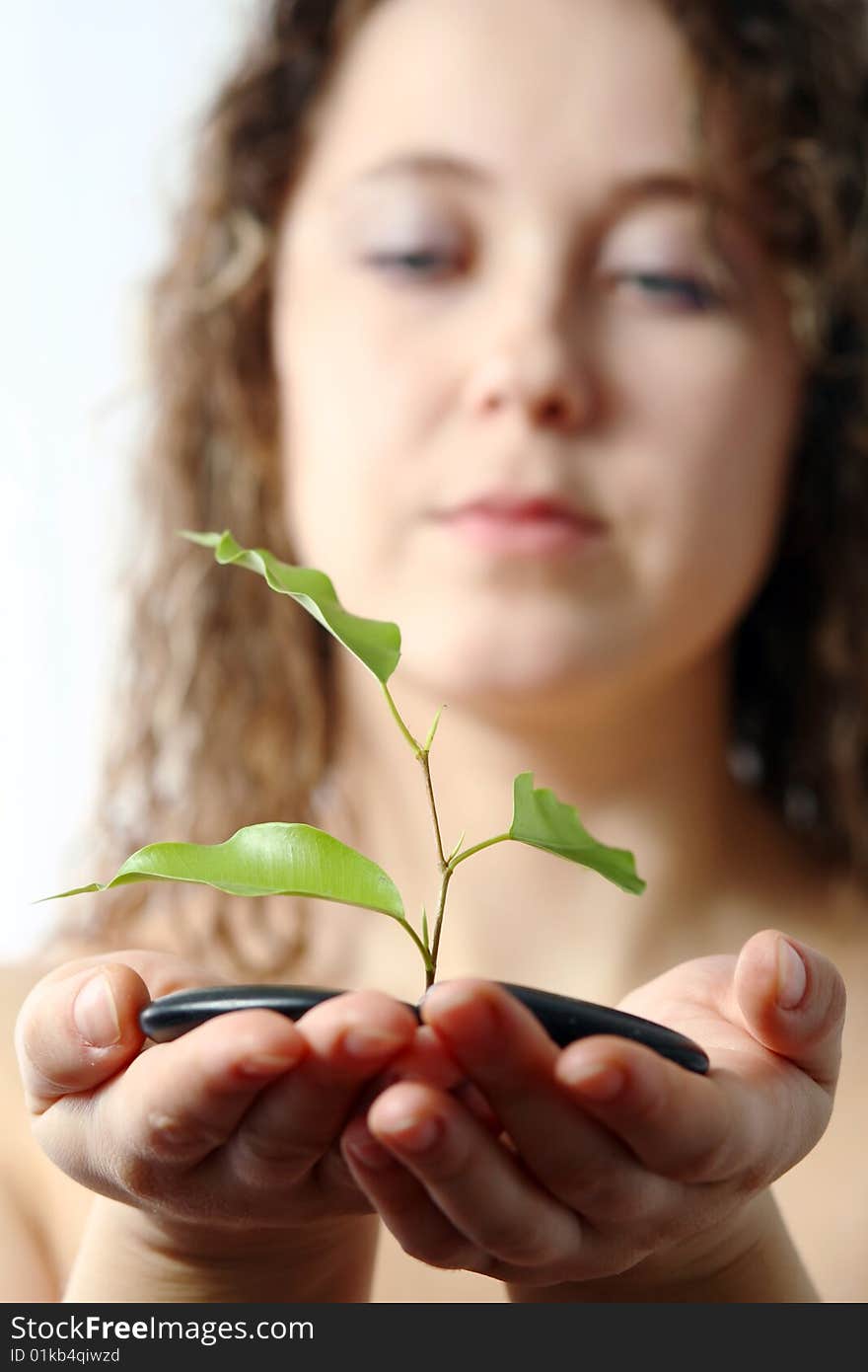 An image of a woman looking at plant and stones in her hands. An image of a woman looking at plant and stones in her hands