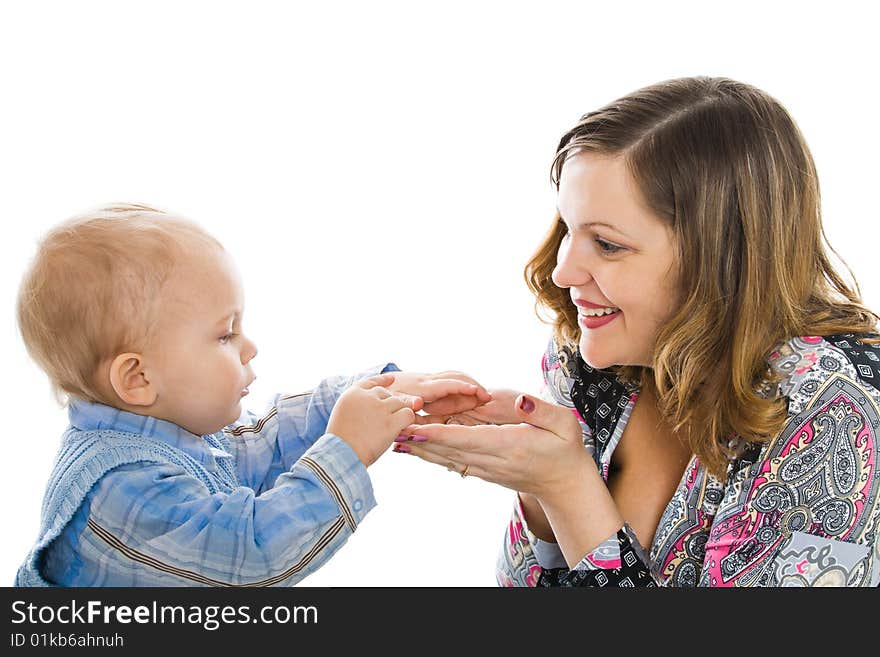 Mother and son. Isolated on white background