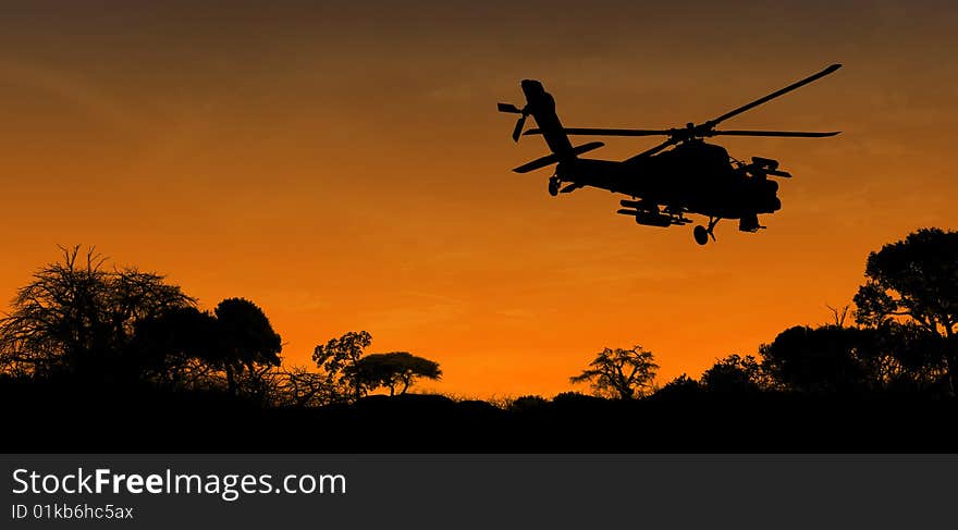 Helicopter on sunset over trees. Helicopter on sunset over trees