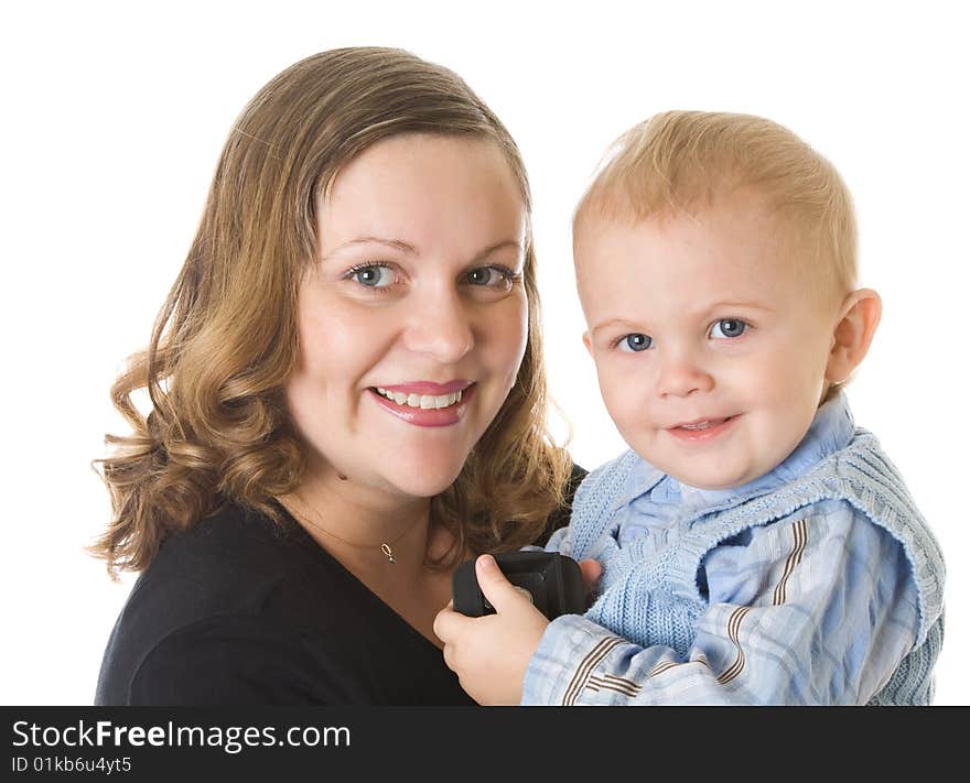 Mother and son. Isolated on white background