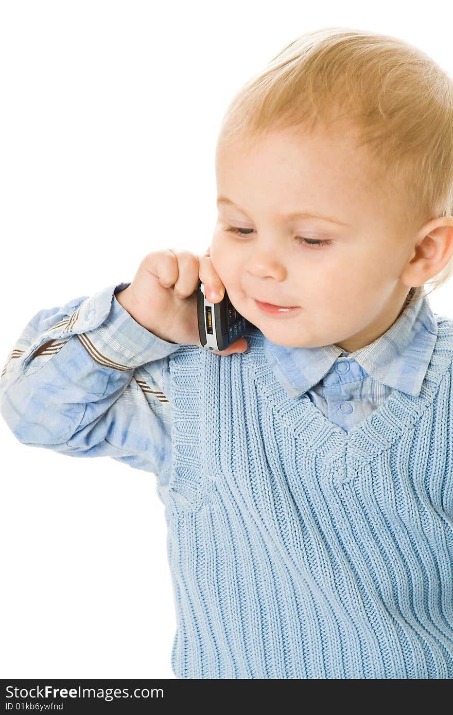 Concept of little businessman. Child speak on the phone. Isolated on white background