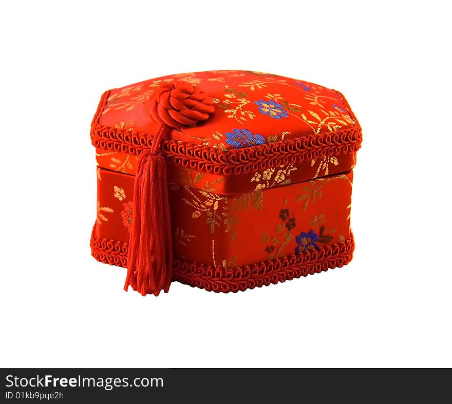 Small box, covered red silk, in Chinese style of hexagonal form. Small box, covered red silk, in Chinese style of hexagonal form