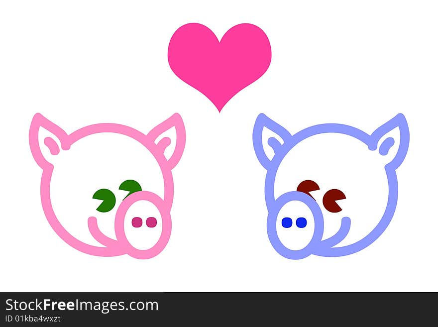 Two nice cunningly pigs are smiling a happy smile, they  are thinking about love. Two nice cunningly pigs are smiling a happy smile, they  are thinking about love.