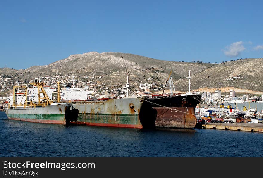 A ships in the harbour of pireaus waiting for the cargo. A ships in the harbour of pireaus waiting for the cargo