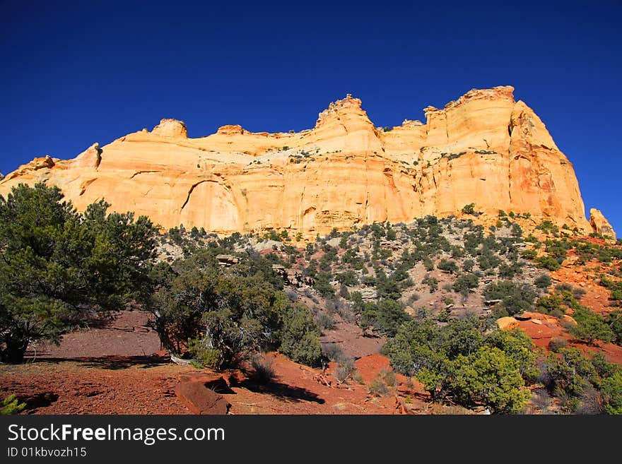 View of red rock formations in San Rafael Swell with blue sky�s