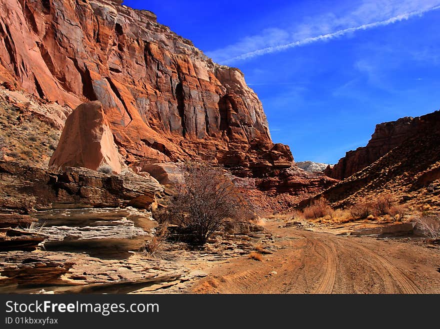 View of red rock formations in San Rafael Swell with blue sky�s